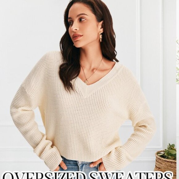 MIROL Women's Waffle Knit Cropped V Neck Pullover Sweater - Size Small - Picture 2 of 10